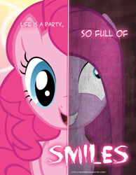 Size: 600x773 | Tagged: safe, artist:tehjadeh, character:pinkamena diane pie, character:pinkie pie, dual personality, life is a party, poster, two sided posters