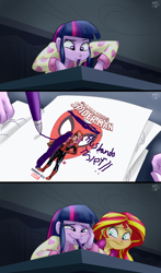 Size: 1920x3272 | Tagged: safe, artist:ponut_joe edit, edit, character:sunset shimmer, character:twilight sparkle, character:twilight sparkle (alicorn), species:alicorn, my little pony:equestria girls, blushing, crossover, crossover shipping, husbando thief, meme, mouth drawing, mouth hold, no hooves, paper, pen, peter parker, scene interpretation, shipping, spider-man, spidertwi, twilight's mouth art