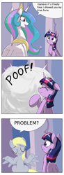 Size: 1737x4737 | Tagged: safe, artist:otakuap edit, character:derpy hooves, character:princess celestia, character:twilight sparkle, character:twilight sparkle (alicorn), species:alicorn, species:pony, celestia's true form, character to character, comic, exploitable meme, female, mare, meme, pony to pony, problem