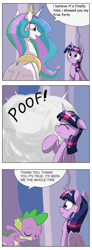 Size: 1737x4737 | Tagged: safe, artist:otakuap edit, character:princess celestia, character:spike, character:twilight sparkle, character:twilight sparkle (alicorn), species:alicorn, species:pony, celestia's true form, character to character, comic, exploitable meme, female, mare, meme
