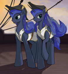 Size: 490x530 | Tagged: safe, artist:marbleyarns, character:princess luna, airship, bicorne, captain luna, clothing, duality, hat, pirate, ponidox, self ponidox, the fun has been doubled, under a paper moon