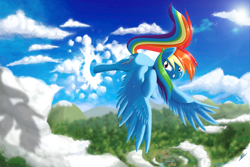 Size: 3240x2160 | Tagged: safe, artist:alskylark, character:rainbow dash, cloud, cloud busting, cloudy, female, solo
