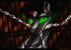 Size: 1024x712 | Tagged: dead source, safe, artist:sevenada, character:king sombra, broken horn, chained, chains, dark magic, imprisoned, magic, male, solo, sombra eyes
