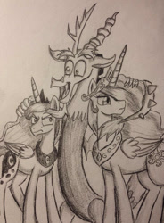 Size: 708x960 | Tagged: safe, artist:leffenkitty, character:discord, character:princess celestia, character:princess luna, grayscale, monochrome, traditional art