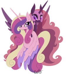 Size: 924x1033 | Tagged: safe, artist:cuttycommando, character:princess cadance, species:alicorn, species:pony, armor, duality, duo, female, horn, lineless, mare, nightmare cadance, nightmarified, simple background, transparent background, wings
