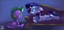 Size: 2962x1426 | Tagged: safe, artist:pia-sama, artist:tofutiles, character:rarity, character:spike, ship:sparity, fainting couch, female, male, shipping, straight, tongue out