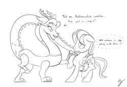 Size: 2875x1968 | Tagged: safe, artist:chef j, character:discord, character:fluttershy, oc:eris, ship:discoshy, all the mares tease butterscotch, butterscotch, eriscotch, female, male, monochrome, rule 63, shipping, straight