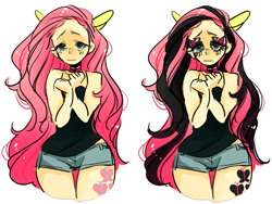 Size: 1240x930 | Tagged: safe, artist:costly, character:fluttershy, species:human, alternate cutie mark, alternate hairstyle, crying, eared humanization, emo, emoshy, humanized, long hair, ponymania, simple background, sleeveless, wavy mouth, white background, wide hips