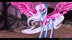 Size: 1920x1080 | Tagged: safe, artist:sevenada, character:trixie, species:pony, artificial wings, augmented, female, grin, magic, magic wings, solo, wings