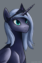 Size: 631x934 | Tagged: safe, artist:marbleyarns, character:princess luna, female, modified accessory, portrait, s1 luna, solo, three quarter view