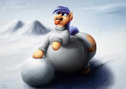 Size: 2700x1900 | Tagged: safe, artist:jesseorange, oc, oc only, oc:jesse orange, species:pegasus, species:pony, belly, clothing, cloud, cloudy, fat, impossibly large belly, impossibly large butt, male, mountain, snow, snowball, snowfall, snowflake, solo, sweater, tongue out, wide hips