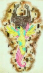 Size: 572x960 | Tagged: safe, artist:peachpalette, character:fluttershy, species:pegasus, species:pony, crossover, female, flying, mare, midna, nintendo, photo, solo, the legend of zelda, the legend of zelda: twilight princess, traditional art