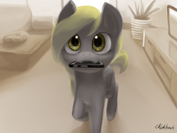 Size: 1600x1200 | Tagged: safe, artist:chickhawk96, character:derpy hooves, species:pegasus, species:pony, g4, :3, behaving like a dog, cellphone, couch, cute, derpabetes, drool, featured on derpibooru, female, fetch!, looking at you, looking up, mare, mouth hold, phone, raised hoof, smartphone, smiling, solo, underp, weapons-grade cute