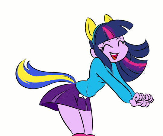 Size: 540x450 | Tagged: safe, artist:ponut_joe edit, edit, character:twilight sparkle, character:twilight sparkle (alicorn), species:alicorn, my little pony:equestria girls, adorkable, animated, cheerleader, clothing, cute, dancing, dork, ears, eyes closed, female, frame by frame, grin, miniskirt, open mouth, questionable source, sfw edit, simple background, skirt, solo, tail, twiabetes, white background, wondercolts