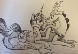 Size: 960x668 | Tagged: safe, artist:leffenkitty, character:discord, character:twilight sparkle, character:twilight sparkle (alicorn), species:alicorn, species:pony, female, mare, monochrome, traditional art