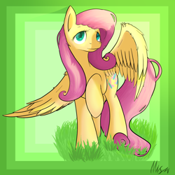 Size: 2000x2000 | Tagged: safe, artist:klarapl, character:fluttershy, species:pegasus, species:pony, female, grass, head turn, looking at you, raised hoof, solo, spread wings, standing, wings