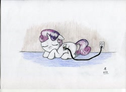 Size: 900x654 | Tagged: safe, artist:rameslack, character:sweetie belle, species:pony, species:unicorn, sweetie bot, blank flank, charging, european plug, eyes closed, female, filly, floppy ears, foal, hooves, horn, lying down, prone, robot, sleeping, solo, traditional art
