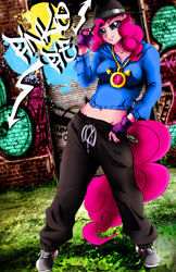Size: 1242x1920 | Tagged: safe, artist:animeclaro, character:pinkie pie, species:anthro, species:human, species:plantigrade anthro, belly button, breasts, busty pinkie pie, eared humanization, female, graffiti, humanized, midriff, rapper pie, solo, tailed humanization