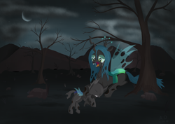 Size: 3508x2480 | Tagged: safe, artist:ailynd, character:queen chrysalis, species:changeling, crescent moon, crying, dark, dead, fangs, feels, mommy chrissy, sad