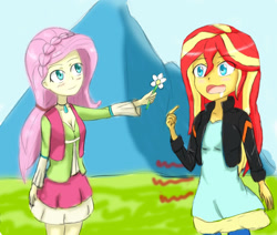 Size: 1360x1153 | Tagged: safe, artist:jumboz95, character:fluttershy, character:sunset shimmer, ship:sunshyne, episode:friendship through the ages, g4, my little pony: equestria girls, my little pony:equestria girls, drool, female, flower, folk fluttershy, homesick shimmer, humans doing horse things, hungry, lesbian, shipping, stomach noise, sunset wants her old digestive system back
