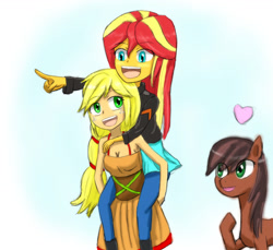 Size: 1303x1194 | Tagged: safe, artist:jumboz95, character:applejack, character:sunset shimmer, ship:appleshimmer, episode:friendship through the ages, g4, my little pony: equestria girls, my little pony:equestria girls, :d, ambiguous gender, cleavage, country applejack, cute, female, heart, human female, humans riding humans, lesbian, lonestar, piggyback ride, ponified, shipping, sleeveless
