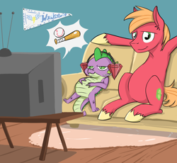 Size: 1300x1198 | Tagged: safe, artist:alskylark, character:big mcintosh, character:spike, species:earth pony, species:pony, episode:the cutie map, g4, my little pony: friendship is magic, baseball, bros, clothing, couch, drinking hat, hat, hoofball, male, stallion, television