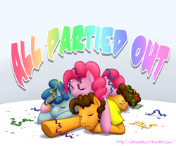 Size: 3000x2500 | Tagged: safe, artist:shrineheart, character:cheese sandwich, character:party favor, character:pinkie pie, episode:the cutie map, g4, my little pony: friendship is magic, cute, diacheeses, favorbetes, party pony, party trio, pony pile, sleeping
