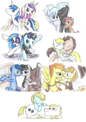 Size: 1024x1457 | Tagged: safe, artist:islamilenaria, character:babs seed, character:blues, character:braeburn, character:bulk biceps, character:cloudchaser, character:derpy hooves, character:dj pon-3, character:doctor whooves, character:lightning dust, character:neon lights, character:noteworthy, character:octavia melody, character:princess cadance, character:rising star, character:shining armor, character:spitfire, character:thunderlane, character:time turner, character:vinyl scratch, species:pegasus, species:pony, ship:doctorderpy, ship:notetavia, ship:shiningcadance, ship:thunderchaser, cello, crack shipping, facehoof, female, femdom, lasso, male, mare, musical instrument, nuzzling, rope, scrunchy face, shipping, sleeping, spitburn, straight, tied up, traditional art, vinylights