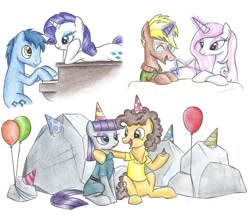 Size: 1024x893 | Tagged: safe, artist:islamilenaria, character:blues, character:boulder, character:cheese sandwich, character:fleur-de-lis, character:maud pie, character:noteworthy, character:rarity, character:trenderhoof, balloon, clothing, crack shipping, female, hat, levitation, magic, male, maudwich, musical instrument, party hat, piano, rariworthy, rock, shipping, straight, traditional art, trenderfleur