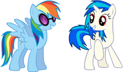 Size: 4312x2527 | Tagged: safe, artist:shelmo69, character:dj pon-3, character:rainbow dash, character:vinyl scratch, species:pegasus, species:pony, species:unicorn, accessory swap, cutie mark, female, hooves, horn, mare, missing accessory, red eyes, simple background, smiling, spread wings, sunglasses, teeth, transparent background, vector, wings, wrong eye color