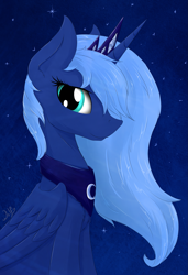Size: 1249x1823 | Tagged: safe, artist:wolfypon, character:princess luna, species:alicorn, species:pony, female, looking at you, night sky, s1 luna, sitting, solo