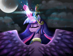 Size: 1300x1000 | Tagged: safe, artist:leffenkitty, character:twilight sparkle, character:twilight sparkle (alicorn), species:alicorn, species:pony, element of magic, eyes closed, female, magic, mare, moon, night, solo