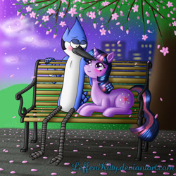 Size: 1300x1300 | Tagged: safe, artist:leffenkitty, character:twilight sparkle, ship:mordetwi, bench, crack shipping, crossover, crossover shipping, female, flower, interspecies, male, mordecai, park, park bench, regular show, shipping, straight, tree