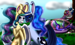 Size: 3600x2160 | Tagged: safe, artist:crazyaniknowit, character:princess cadance, character:princess celestia, character:princess luna, character:shining armor, character:twilight sparkle, character:twilight sparkle (alicorn), species:alicorn, species:pony, alicorn tetrarchy, bunny costume, clothing, cuddling, easter, easter egg, female, mare, snuggling