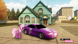 Size: 1280x720 | Tagged: safe, artist:equestianracer, character:cheerilee, species:pony, car, female, ford, ford mustang, forza horizon, house, itasha, mustang, solo