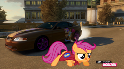 Size: 1024x576 | Tagged: safe, artist:equestianracer, character:scootaloo, species:pegasus, species:pony, car, city, female, ford, ford mustang, forza horizon, itasha, mustang, solo