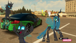 Size: 1280x720 | Tagged: safe, artist:equestianracer, character:queen chrysalis, species:changeling, bmw, bmw 5-series, bmw f10, bmw m5, car, doomie, forza horizon, group, itasha, parking lot
