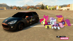 Size: 1280x720 | Tagged: safe, artist:equestianracer, character:apple bloom, character:scootaloo, character:sweetie belle, species:pegasus, species:pony, car, citroën, citroën ds3, cutie mark crusaders, forza, forza horizon, group, itasha, parking lot, trio