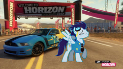 Size: 1024x576 | Tagged: safe, artist:equestianracer, character:soarin', species:pony, car, clothing, ford, ford mustang, ford mustang boss 302, forza horizon, itasha, male, mustang, solo, uniform, wonderbolts uniform