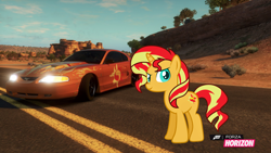 Size: 1280x720 | Tagged: safe, artist:equestianracer, character:sunset shimmer, species:pony, car, female, ford, ford mustang, forza horizon, mustang, solo