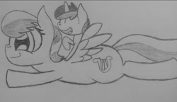 Size: 1216x702 | Tagged: safe, artist:poorlydrawnpony, character:liza doolots, character:petunia, character:tootsie flute, flying, monochrome, piggyback ride, skyra