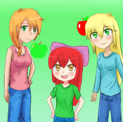 Size: 1093x1080 | Tagged: safe, artist:jumboz95, character:apple bloom, character:applejack, character:big mcintosh, species:human, my little pony:equestria girls, apple siblings, blushing, equestria guys, female, humanized, macareina, rule 63, trio, trio female