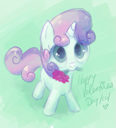 Size: 501x552 | Tagged: safe, artist:reuniclus, character:sweetie belle, cute, diasweetes, female, flower, flower in mouth, heart, looking up, mouth hold, solo, valentine