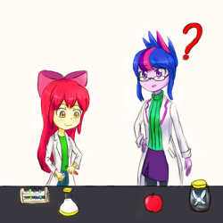 Size: 1000x1000 | Tagged: safe, artist:jumboz95, character:apple bloom, character:twilight sparkle, character:twilight sparkle (scitwi), species:eqg human, my little pony:equestria girls, alternate hairstyle, apple, fairy, flashback potion, question mark, scientist, test tube