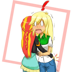 Size: 1000x1000 | Tagged: safe, artist:jumboz95, character:applejack, character:sunset shimmer, ship:appleshimmer, my little pony:equestria girls, blushing, braid, butt touch, exclamation point, female, hand on butt, lesbian, molestation, shipping, surprised