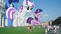 Size: 1024x576 | Tagged: safe, artist:danton-damnark, artist:drfatalchunk, artist:jeatz-axl, artist:theotterpony, character:night light, character:twilight sparkle, character:twilight velvet, species:pony, campanile, cathedral, cute, filly, filly twilight sparkle, giant pony, giantess, irl, italy, macro, photo, pisa, ponies in real life, twiabetes