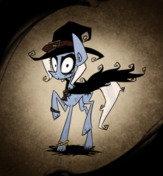 Size: 1458x1579 | Tagged: safe, artist:chef j, character:trixie, species:pony, species:unicorn, alternate costumes, alternate universe, amulet, cloak, clothing, female, hat, mare, solo, style emulation, sword rara, tim burton, wicxie, witch