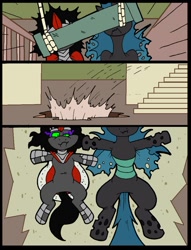 Size: 781x1023 | Tagged: safe, artist:virus-20, character:king sombra, character:queen chrysalis, booby trap, comic, derpy alone, exploitable meme, hole, home alone, home alone 2: lost in new york, meme, parody, pipe (plumbing), rope, scene interpretation, scene parody, stairs
