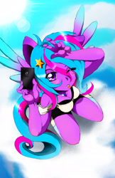 Size: 1242x1920 | Tagged: safe, artist:animeclaro, oc, oc only, species:anthro, blushing, colored wings, gradient wings, hair ornament, human facial structure, necklace, phone, smartphone, tongue out, wink