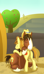 Size: 1246x2072 | Tagged: safe, artist:formalgentleman, character:braeburn, character:trouble shoes, episode:appleoosa's most wanted, g4, my little pony: friendship is magic, alternate ending, cute, friends, friendshipping, good end, hug, plot, troublebetes